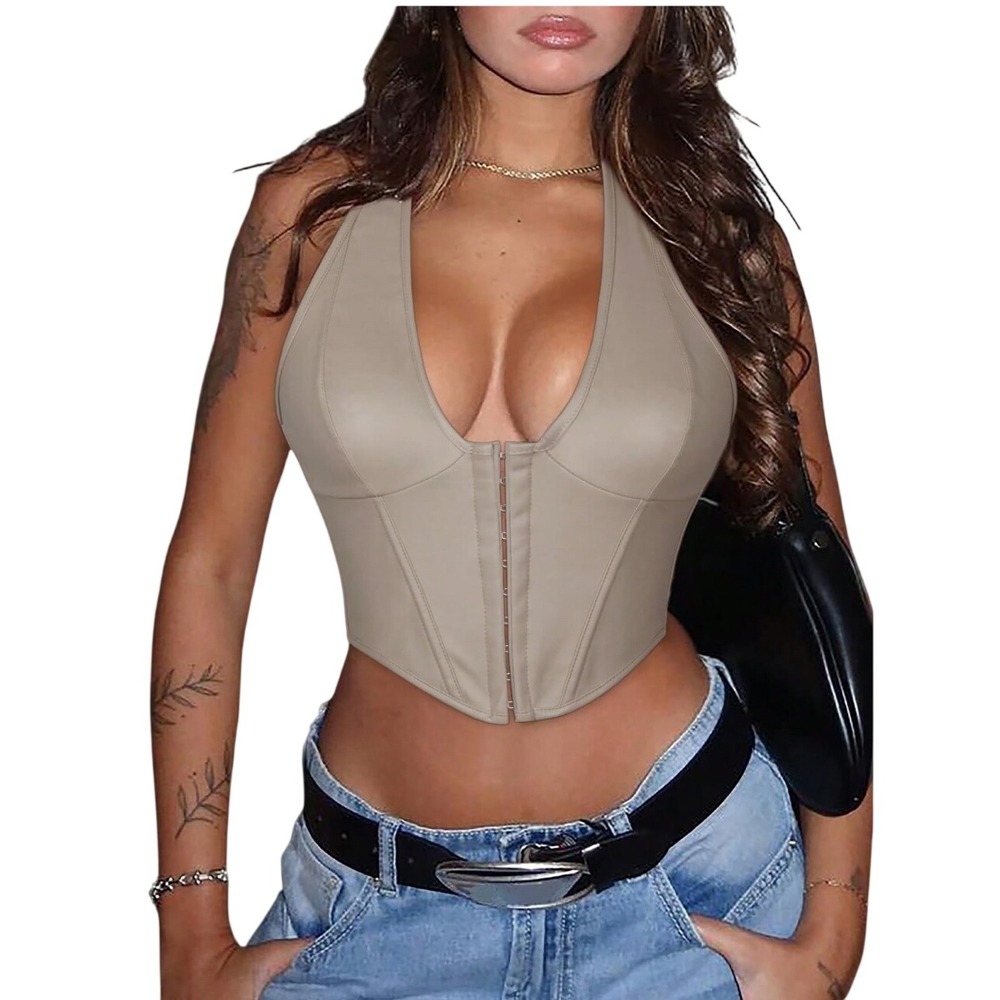 NWT Floerns Y2K PU Leather Halter Hook Eye Backless Crop Top LG‎